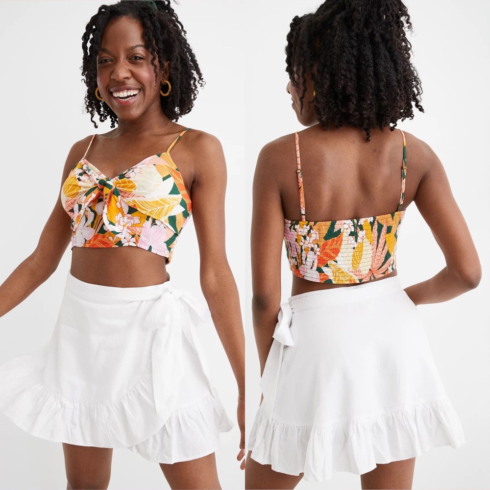 Aerie White Linen Blend Ruffle Wrap Mini Skirt, Size Medium, clean girl cottage